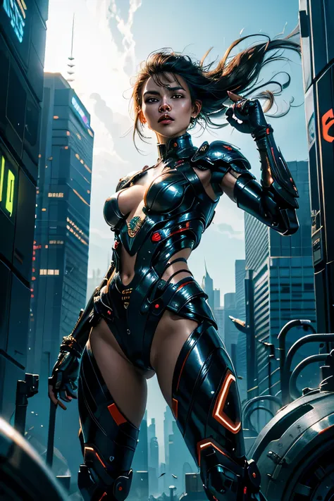 (highest quality, High resolutionCG), Gubes Style Cyber Futuristic City, strong and warrior-like woman, Multiple intricately designed characters, complex and dynamic scenes, Atmosphere full of competition and tension, Emphasis on futuristic technology and ...