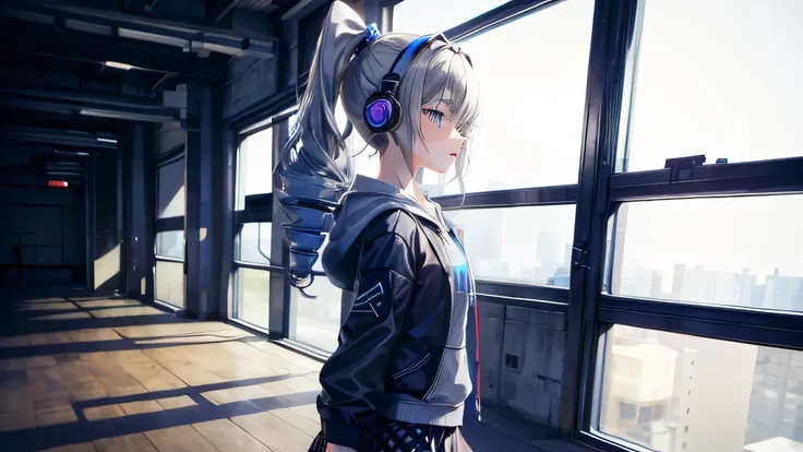 teenage girl with drill ponytail, wearing black hoodie and medium length skirt, blue eyes, grey background, wearing headphones, ...