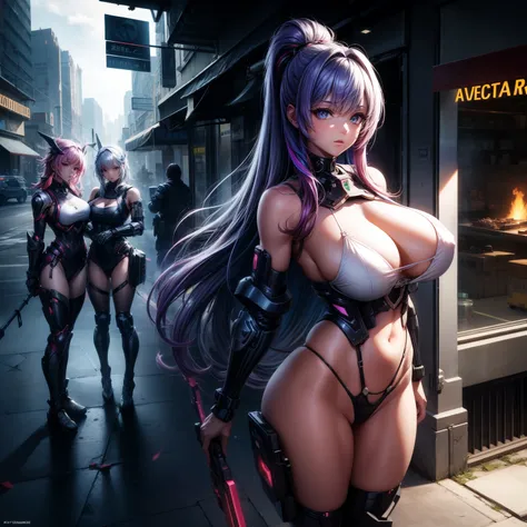 （8K ，Ultra-detailed，Super real photos，Best masterpiece，Nature，perfect work of art，perfect female body），A cyberpunk city，two women，Sister and sister， sisters，rainbow hair，perfect face，（huge tits），neighbor wife，woman hairstyle，elegant wife，At the police stat...