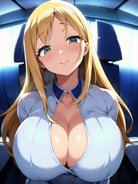 (8K、best image quality、ghibli anime、best illustrations、super detailed explanation、Bright colors、masterpiece、2D CA)、(((cabin attendant、White and blue uniform)))、(Detailed facial depiction、Huge breasts that are about to burst)、(blonde、long hair、german woman)...