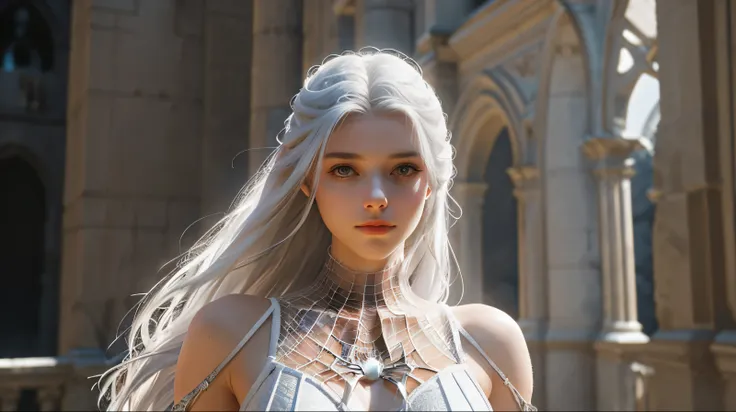 (Extreme Detail CG Unity 8K wallpaper, masterpiece, highest quality), (Exquisite lighting and shadow, highly dramatic picture, Cinematic lens effect), a beautiful girl in a white Spider-Man costume, white lingerie, silver gray hair color, long hair, from t...