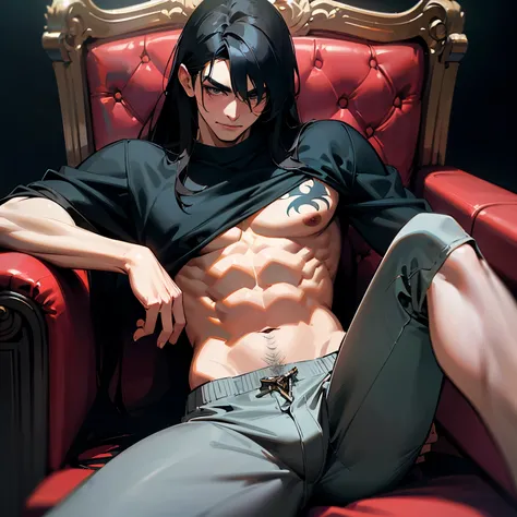 (best quality,4k,8k,highres,masterpiece:1.2),ultra-detailed,(realistic,photorealistic,photo-realistic:1.37),male, couch,spread legs, slight bulge,black pants,black shirt slightly open,chest,muscular body,thick eyebrows,black long hair,happy trail,tattoos,n...