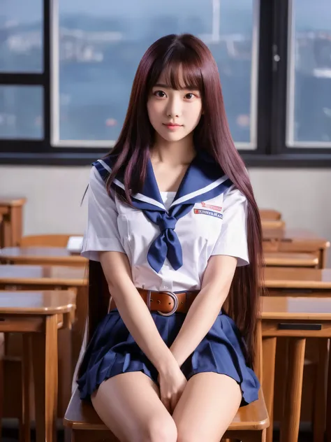 An 18-year-old young woman with long purple hair wearing a sailor suit is sitting in the classroom (school 1.5 in the background) (serious expression, cold 1.5) (highest quality: 1.1) (masterpiece: 1.3) with an unparalleled masterpiece, surreal 8k, perfect...