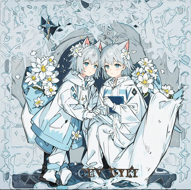 {{{masterpiece}}},{{{highest quality}}}, looking at the viewer, gray hair, short hair, hair ornaments,loose coat, cute, White flower, Broke up ,white background,dynamic angle, ,Cat ear ,{{blue pick dye}},juvenile，white legwear,Upper body,Paw gloves,blue pa...