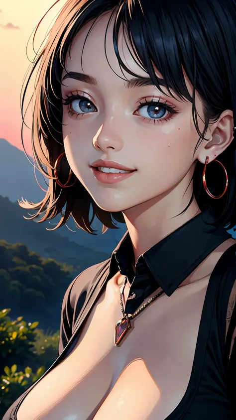 20 year old woman、(masterpiece:1.4)、(highest quality:1.4)、ultra high resolution、anime style、high detail、black short bob、Round earrings、necklace、Gray collared shirt、(huge breasts:1.2)、red face、smile、close up of face、sunrise、mountaintop、deep shadow lighting