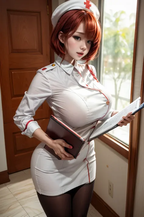 chris、25 years old, Redhead shortcuts, white  nurses uniform, white pantyhose, having clipboard tall, beautiful woman, giga_busty