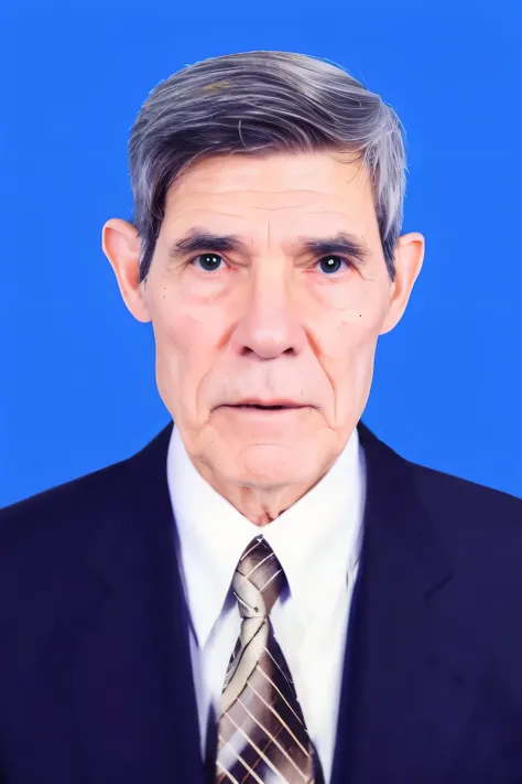 An elderly man with salt and pepper hair wearing a suit and tie.