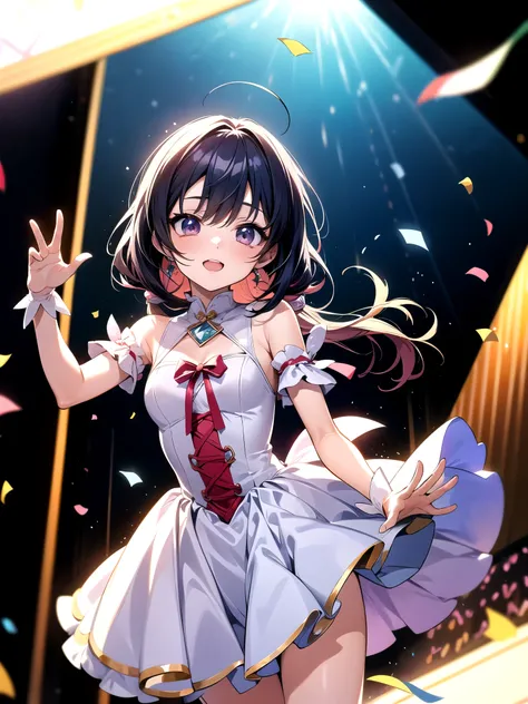 Idol girl in dress dancing on stage with confetti, Photo by Kamagruka, pixiv contest winner, conceptual art, Nightcore, splash art anime loli, Sparkling magical girl, Best Anime 4K Kona-chan Wallpaper, anime moe art style, Detailed anime original drawing, ...