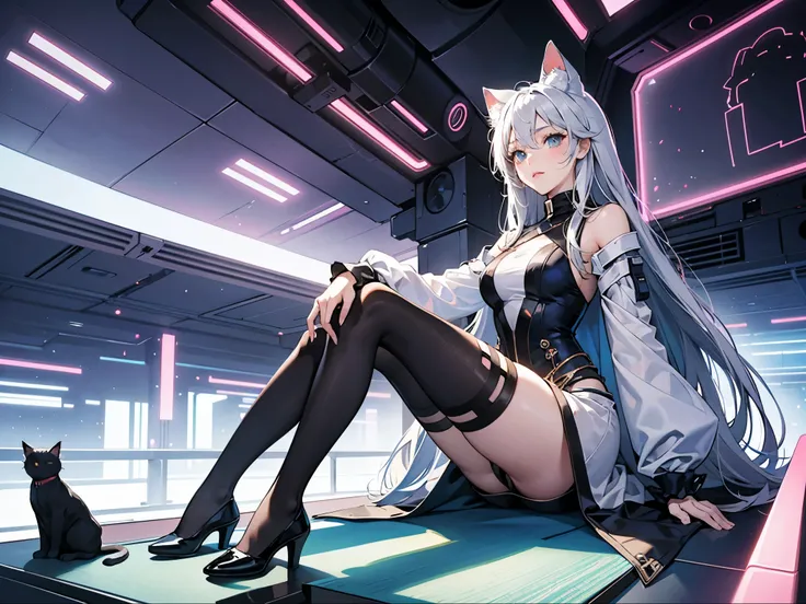 a cute girl，Perfect face, detailed facial description, peerless appearance，Cat ear futuristic style royal tights（Show off your figure） Sci-fi graceful figure，sitting position