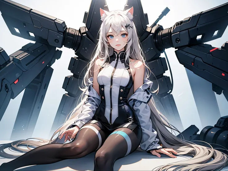 a cute girl，Perfect face, detailed facial description, peerless appearance，Cat ear futuristic style royal tights（Show off your figure） Sci-fi graceful figure，sitting position