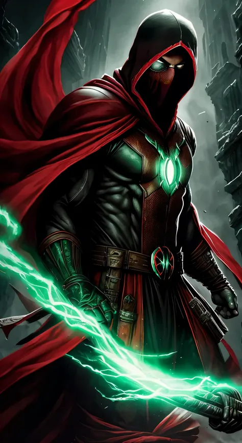 ((Ryan Reynolds)) as Ermac from Mortal Kombat, wearing black-and-red, mummy-like tattered robe adorned with ancient markings, face is obscured by a mask or hood, (glowing green eyes), ((levitating)), intricate, high detail, sharp focus, dramatic, photoreal...