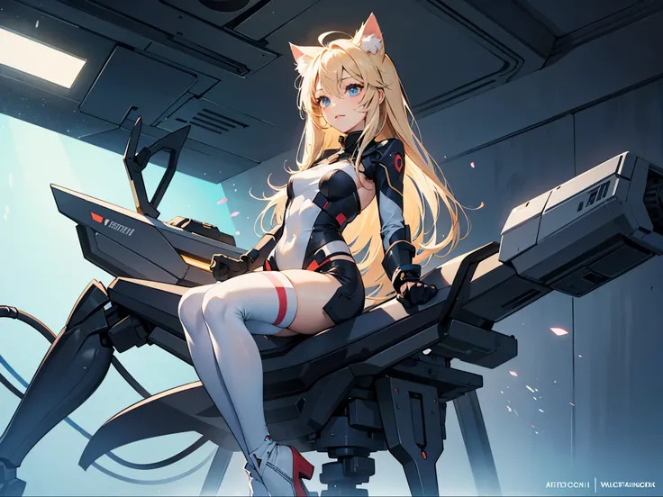 a cute girl，Perfect face, detailed facial description, peerless appearance，Cat ear futuristic style royal tights（Show off your figure） Sci-fi graceful figure，Perfect body proportions sitting posture