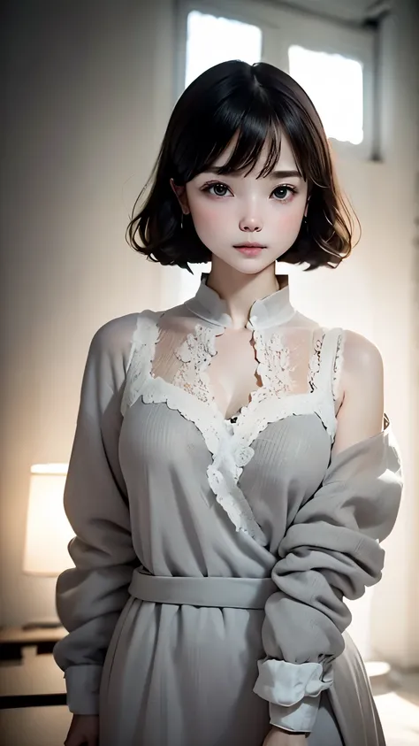 portrait、masterpiece:1.3、one girl、Upper body、Upper body、baby face、natural look、very cute、brown heine eyes、short bangs、short bob、plump lips、no makeup、luxury shirt with lace、black shirt、最high quality、High resolution、Super detailed、high quality、Detailed detai...