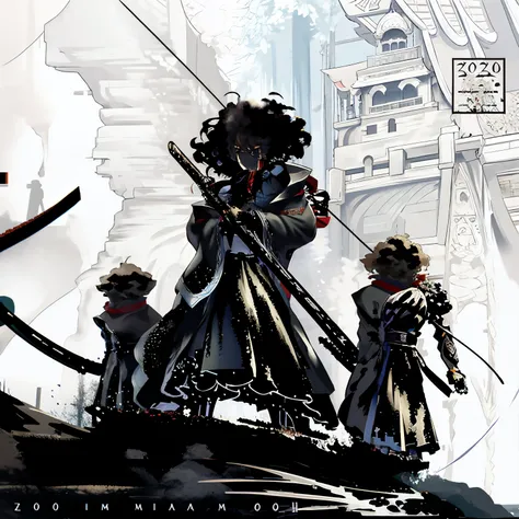 There are three figures holding swords on the pedestal, afro samurai manga style, dark high-contrast concept art, afro samurai anime style, heavy vignette!, afro samurai style, afro samurai anime style, 2 0 2 0 s promotional art, inspired by Joseph Clement...