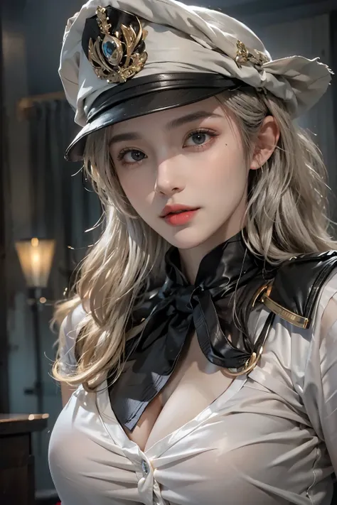 realistic, High resolution, soft light,1 female, alone, hip up, glowing skin, (detailed face),tattoo, jewelry, Secretarial Uniform, white shirt, black skirt, black stockings, garter belt, night, blonde hair, wavy hair, Beautiful Soldier, Eyes that invite t...