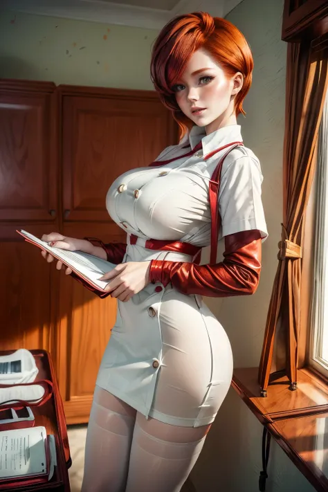 chris, 25 years old, (Redhead shortcuts:1.5), light green nurses uniform, white pantyhose, having clipboard tall, beautiful woman, giga_bustychris、25 years old, Redhead shortcuts, white nurses uniform, white pantyhose, having clipboard tall, beautiful woma...