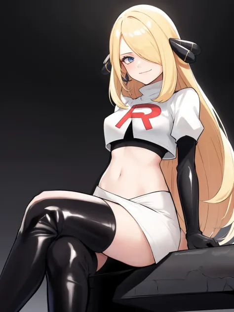 cynthia (pokemon), 1girl, solo ,blonde hair, blue eyes ,hair covering one eye, hair ornament ,glossy lips, earings ,team rocket uniform, red letter R, white skirt,white crop top,black thigh-high boots, black elbow gloves, closed mouth, evil smile, looking ...