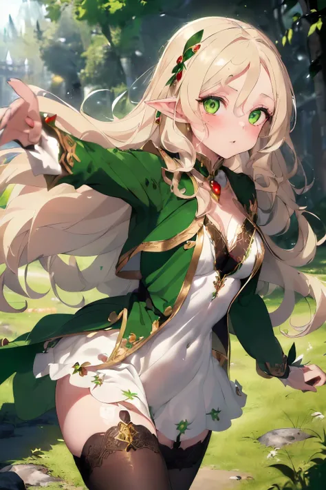 (Long-eared elves:1.3),(blonde:1.25),(long wavy hair:1.3),(green eyes:1.25),(eye size:1.6),(Clear, emerald-like eyes:1.2),(With bangs),(Cream-colored innerwear that shows the skin:1.3),(Innerwear that clearly shows your body line:1.3),(Green dress that cha...