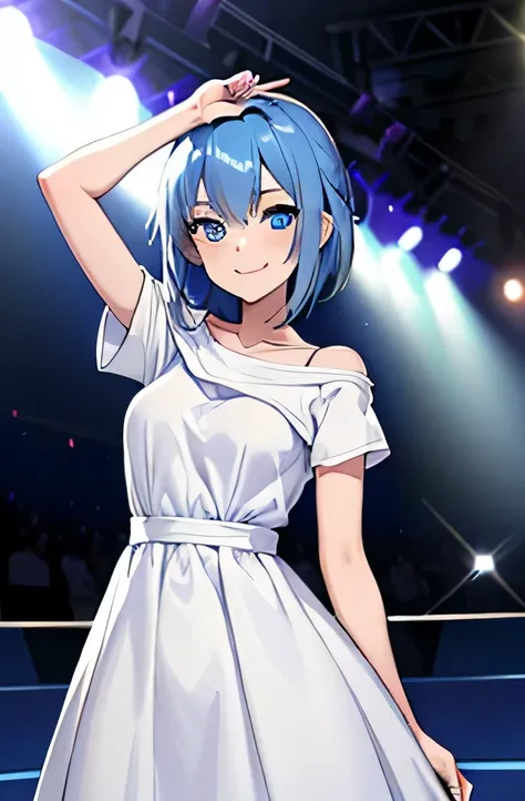 girl, blue eyes, blue hair, t-shirt, white dress, look at the audience, smiling