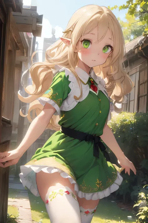 (Long-eared elves:1.3),(blonde:1.25),(long wavy hair:1.3),(green eyes:1.25),(eye size:1.6),(Clear, emerald-like eyes:1.2),(No bangs:1.3),(Cream-colored innerwear that shows the skin:1.3),(Innerwear that clearly shows your body line:1.3),(Green dress that c...