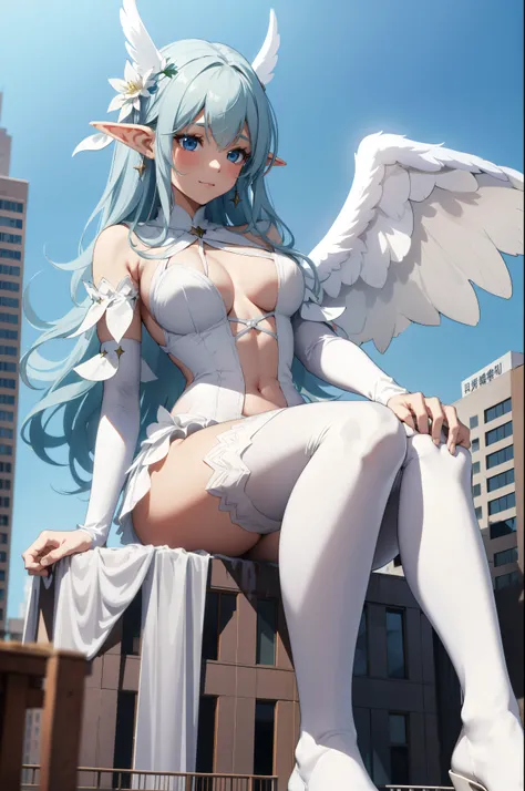 giant girl 50,000 feet high，Weight 1000kg，Have a pair of long legs，Keep your eyes open，Has a pair of huge white angel wings，With huge devil horns on his head，wear a crown on your head，Elf wearing white earrings，She has white hair that reaches her feet，loos...