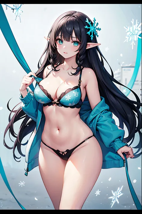 Detail image, realistic image, 1 elf. She has long black hair which has braids of hair hanging down the right side of her face, large turquoise eyes and a delicate oval face, medium breasts and a curvaceous figure. She is wearing an off-shoulder sweater, t...