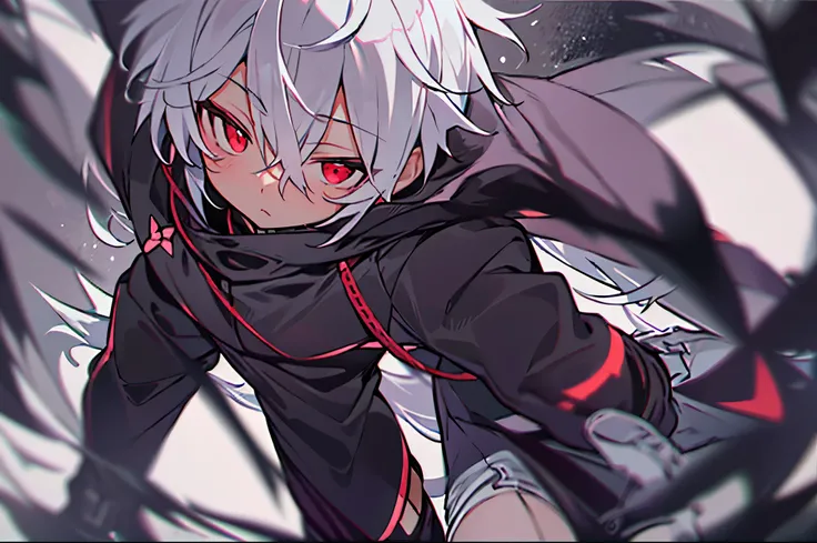 hight resolution,Anime boy with white hair and red eyes staring at camera, red eyes,slim, dressed in a black outfit,Shadow Body,Brown skin,monochromes,hair messy,Diagonal angle