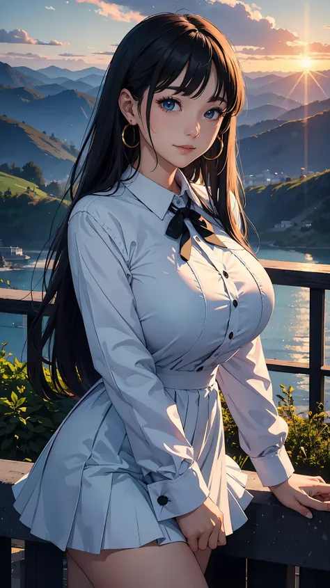 20 year old woman、(masterpiece:1.4)、(highest quality:1.4)、ultra high resolution、anime style、black long hair、Round earrings、White long-sleeved collared shirt、Dark blue long skirt、(huge breasts:1.2)、red face、smile、whole body、sunrise、mountaintop、deep shadow l...