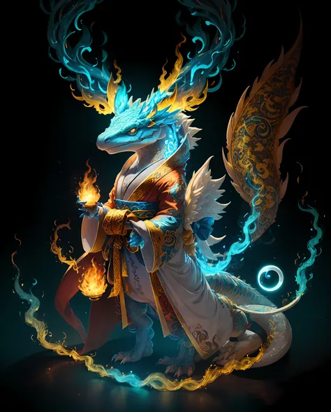 anthropomorphic lizard, Vivid yellow scales, Escamas brancas da barriga, white-necked fluffy, Tatuagens de Ying-Yang, membros envoltos em chamas azuis claras, Caudas de kitsune amarelas coroadas em chamas azuis claras, robe de fita listrado vermelho e bran...