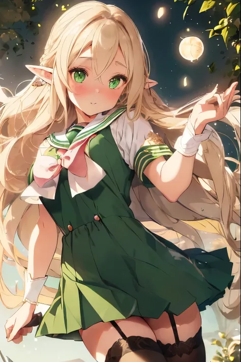 (Long-eared elves:1.3),(blonde:1.25),(long wavy hair:1.3),(green eyes:1.25),(eye size:1.6),(Clear, emerald-like eyes:1.2),(No bangs:1.3),(Cream-colored innerwear that shows the skin:1.3),(sailor suit:1.3),(school uniform:1.4),(black stockings:1.35),(A red ...