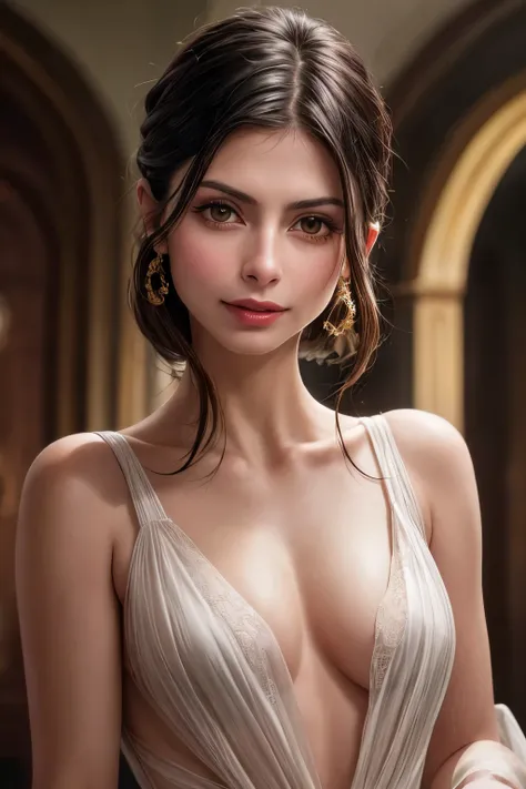 Morena Baccarin, perfecteyes eyes,smiling for upper body photoshoot, small breasts, ethereal, alluring, captivating beauty, mesmerizing, spirited, elegant, stylish,, best quality, masterpiece, highres, extremely detailed, sharp focus, cinematic lighting, v...