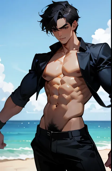 Handsome, shirtless man with a sexy body and black hair