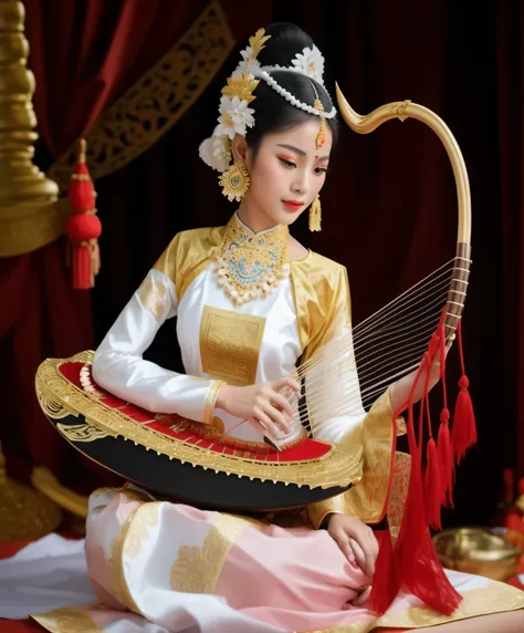 arafed woman in traditional thai costume playing a musical instrument, traditional beauty, traditional, traditional clothes, traditional dress, traditional clothing, traditional art, sukhothai costume, portrait shot, beautiful image, traditional costume, j...