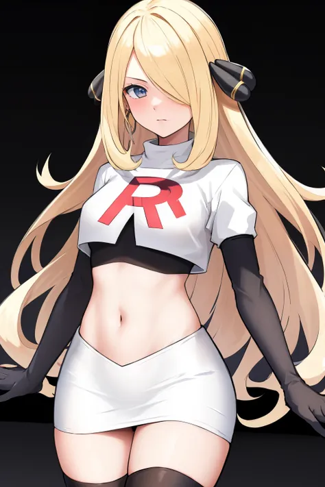 cynthia (pokemon), 1girl, solo ,blonde hair, blue eyes ,hair covering one eye, hair ornament ,earings ,team rocket uniform, red ...