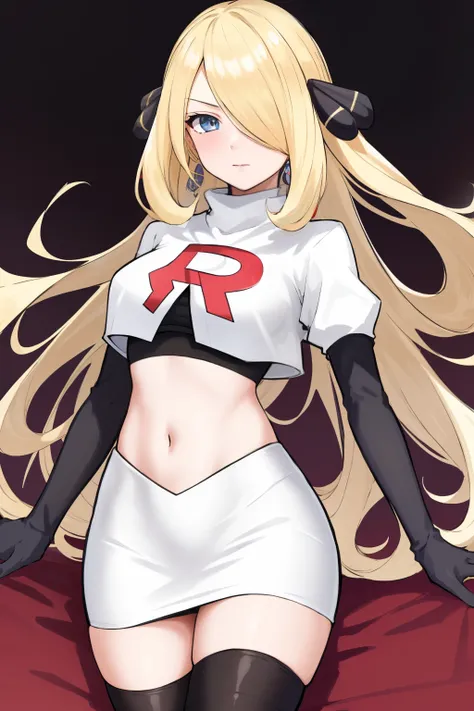 cynthia (pokemon), 1girl, solo ,blonde hair, blue eyes ,hair covering one eye, hair ornament ,earings ,team rocket uniform, red letter R, white skirt,white crop top,black thigh-highs, black elbow gloves,