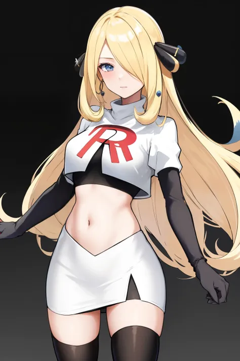 cynthia (pokemon), 1girl, solo ,blonde hair, blue eyes ,hair covering one eye, hair ornament ,earings ,team rocket uniform, red ...