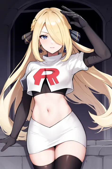 cynthia (pokemon), 1girl, solo ,blonde hair, blue eyes ,hair covering one eye, hair ornament ,earings ,team rocket uniform, red ...