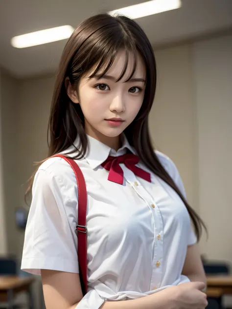 masterpiece, upper body shot, Front view, a Japanese young pretty woman, 18-year-old, Standing smiling in the crowd on the boulevard, Carry a large tote bag over your shoulder, glamorous look, He is wearing a white collared short-sleeved silky shirt and a ...