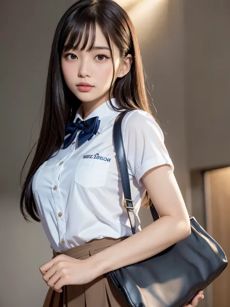 masterpiece, upper body shot, Front view, a Japanese young pretty woman, 18-year-old, Standing smiling in the crowd on the boulevard, Carry a large tote bag over your shoulder, glamorous look, He is wearing a white collared short-sleeved silky shirt and a ...