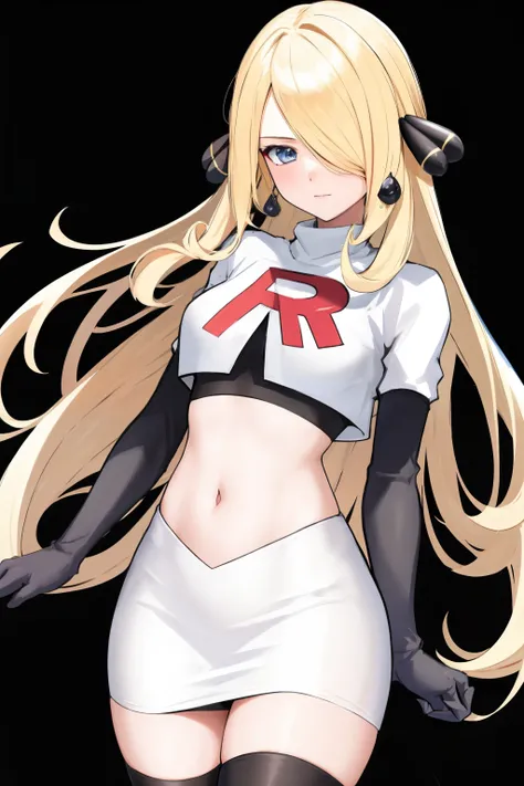 cynthia (pokemon), 1girl, solo ,blonde hair, blue eyes ,hair covering one eye, hair ornament ,earings ,team rocket uniform, red letter R, white skirt,white crop top,black thigh-highs, black elbow gloves,