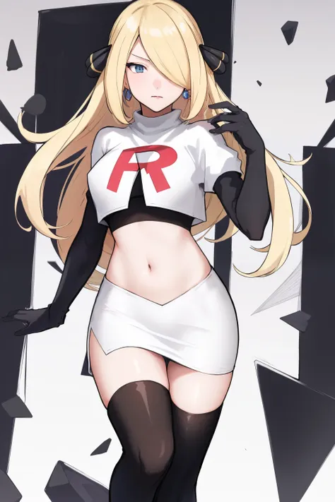 cynthia (pokemon), 1girl, solo ,blonde hair, blue eyes ,hair covering one eye, hair ornament ,earings ,team rocket uniform, red ...