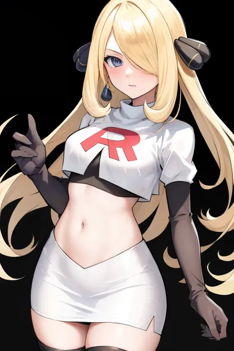 cynthia (pokemon), 1girl, solo ,blonde hair, blue eyes ,hair covering one eye, hair ornament ,earings ,team rocket uniform, red ...