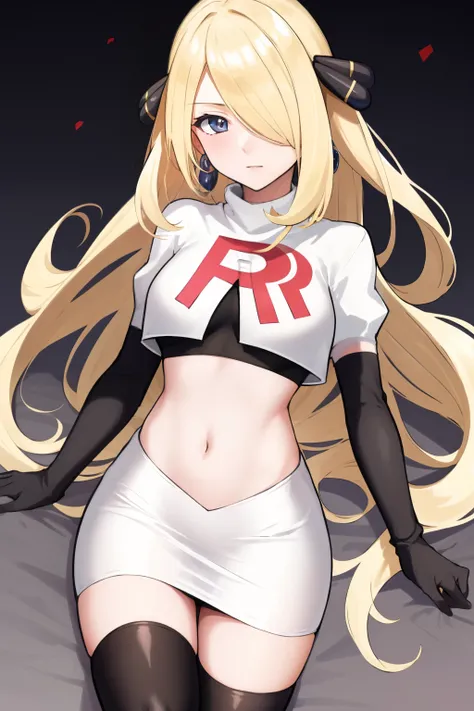 cynthia (pokemon), 1girl, solo ,blonde hair, blue eyes ,hair covering one eye, hair ornament ,earings ,team rocket uniform, red ...