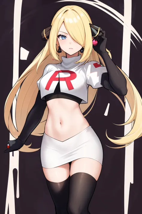 cynthia (pokemon), 1girl, solo ,blonde hair, blue eyes ,hair covering one eye, hair ornament ,earings ,team rocket uniform, red ...