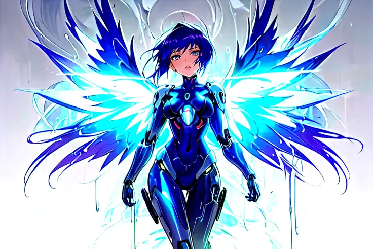 a close up of a woman with a body painted in blue, beautiful cyborg angel girl, cosmic horror entity with wings, ghost in the shell style, anime robotic mixed with organic, female cyborg black silhouette, ghost in the shell art style, perfect anime cyborg ...