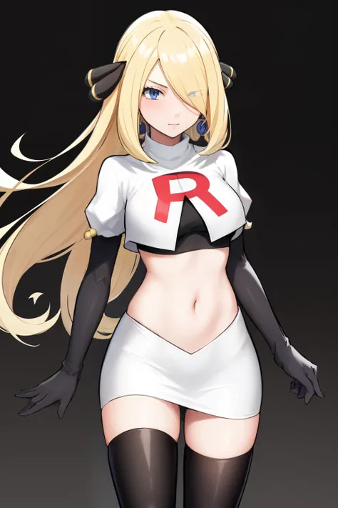 cynthia (pokemon), 1girl, solo ,blonde hair, blue eyes ,hair covering one eye, hair ornament ,earings ,team rocket uniform, red ...