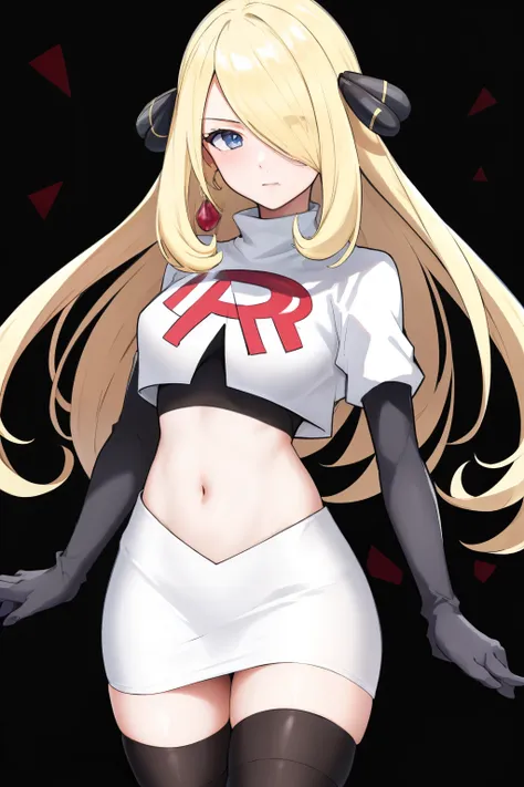 cynthia (pokemon), 1girl, solo ,blonde hair, blue eyes ,hair covering one eye, hair ornament ,earings ,team rocket uniform, red ...