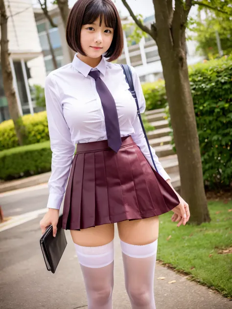 masterpiece, highest quality,1 girl,young girl, plum_Pie Eye, Brown, choppy Bob,jealous _face,shiny skin,medium breasts,nice leg line:1.3,thick thighs, thin waist,school uniform, Thighhighs,tie,((pencil skirt)),red high heels,   pantyhose, , course_line up...