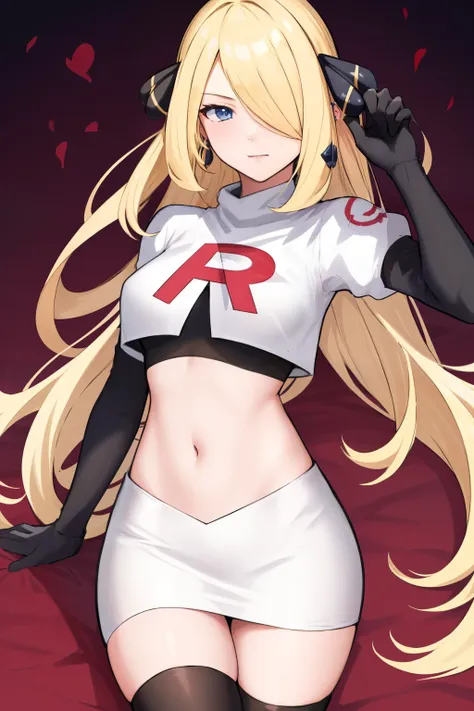 cynthia (pokemon), 1girl, solo ,blonde hair, blue eyes ,hair covering one eye, hair ornament ,earings ,team rocket uniform, red ...