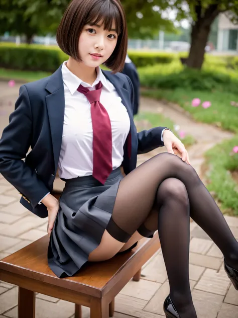 masterpiece, highest quality,2 girls,young girl, plum_Pie Eye, Brown, choppy Bob,jealous _face,shiny skin,medium breasts,nice leg line:1.3,thick thighs, thin waist,school uniform, Thighhighs,tie,((pencil skirt)),red high heels,   pantyhose, , course_line u...